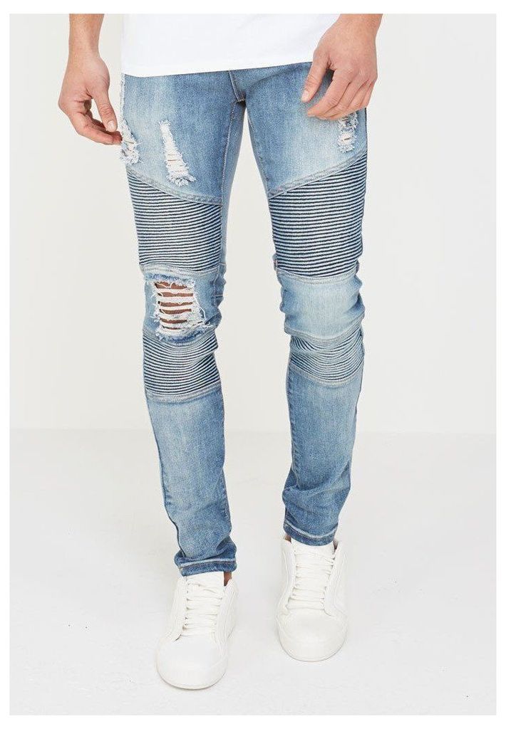 Ribbed Distressed Jeans - Blue Denim