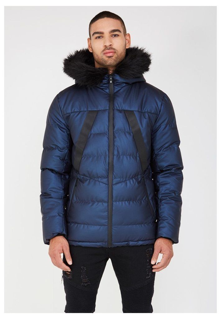 Quilted Puffer Jacket with Fur Hood - Navy