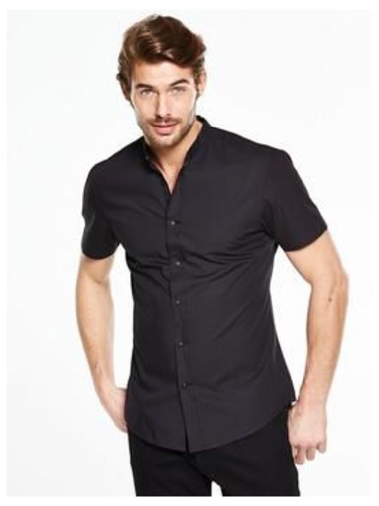 V by Very Short Sleeve Grandad Shirt, Black, Size Xs, Men