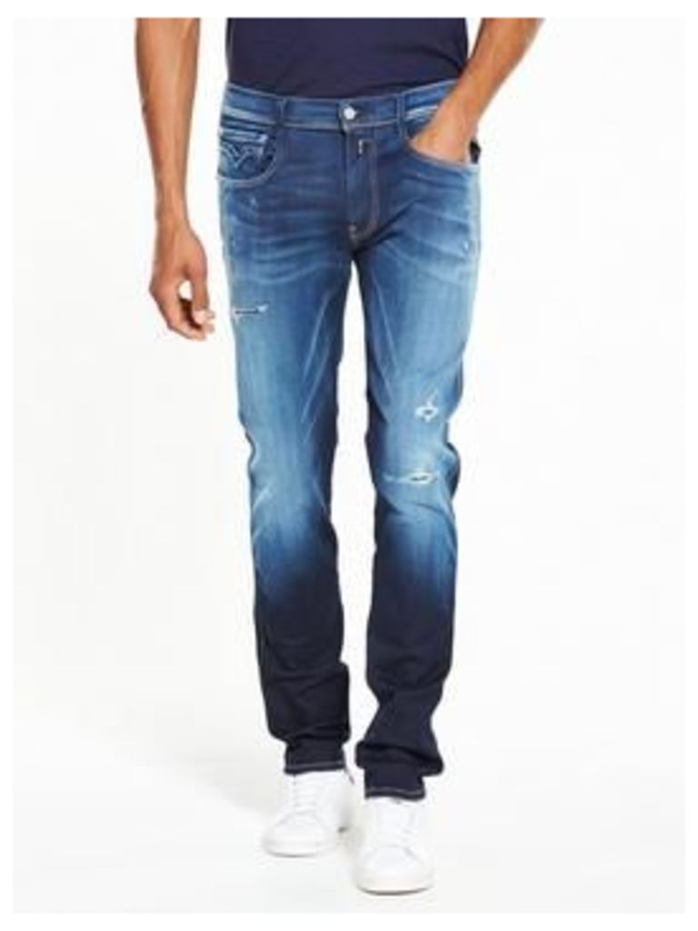 Replay Hyperflex Anbass Rip And Repair Slim Fit Jeans, Dark Wash, Size 36, Length Regular, Men