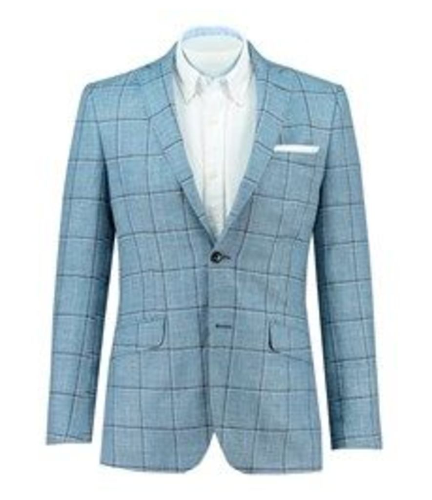 Men's Light Blue Windowpane Check Wool, Silk & Linen Blazer