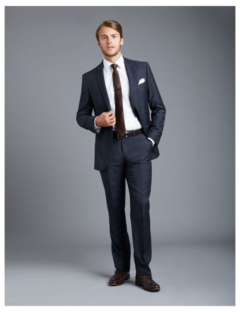 Men's Blue Textured Tonal Check Slim Fit Suit - Super 120s Wool