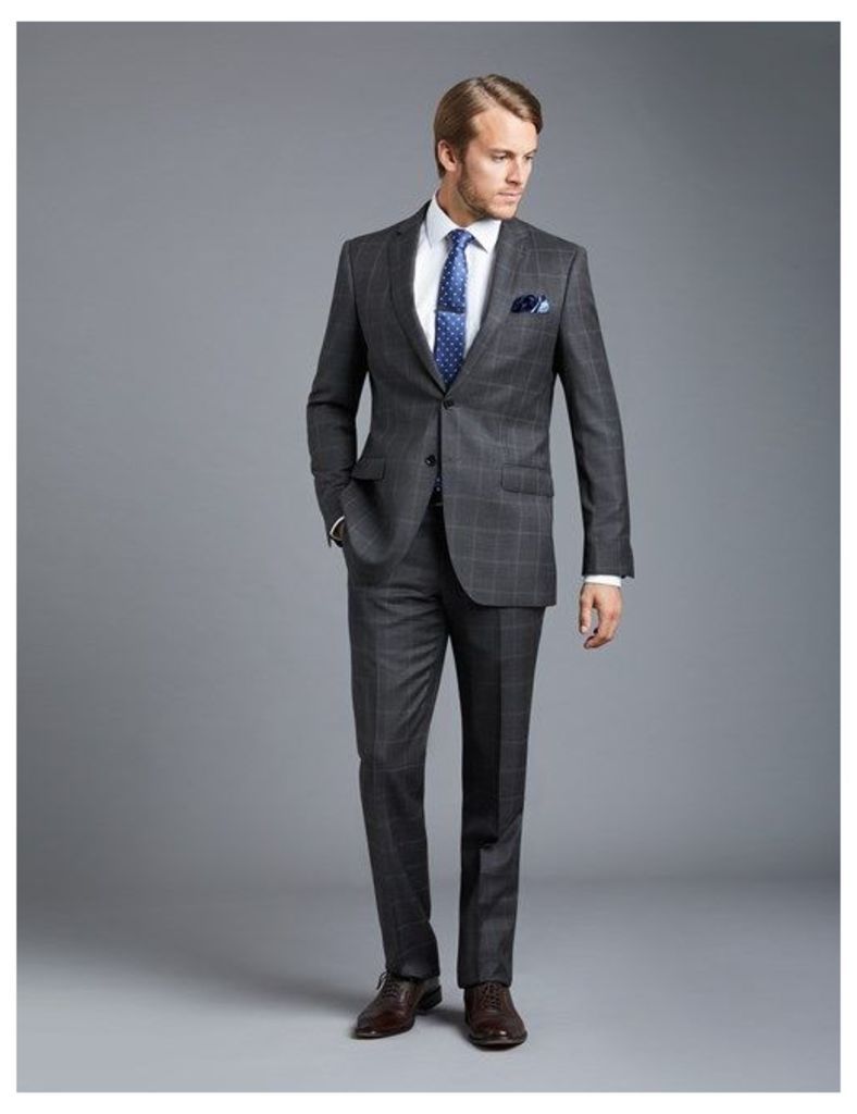 Men's Charcoal Grey Big Overcheck Slim Fit Suit - Super 120s Wool
