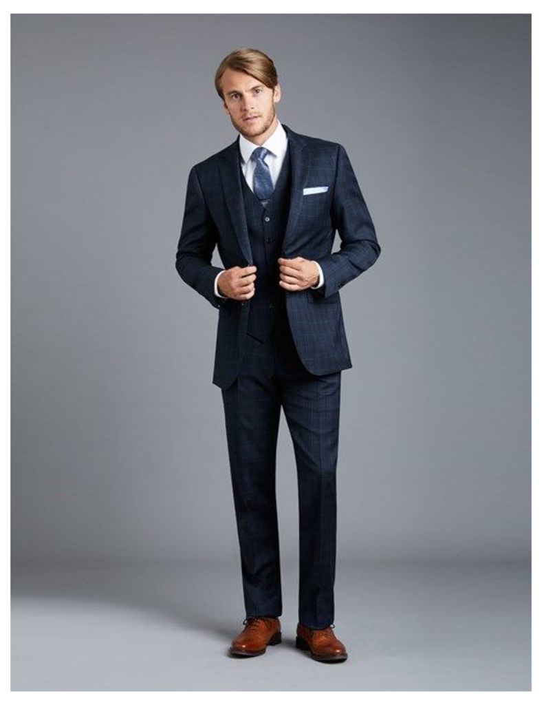 Men's Navy & Blue Big Overcheck Slim Fit Suit - Super 120s Wool