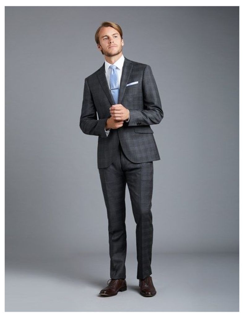 Men's Grey & Blue Large Check Extra Slim Fit Suit - Super 120s Wool