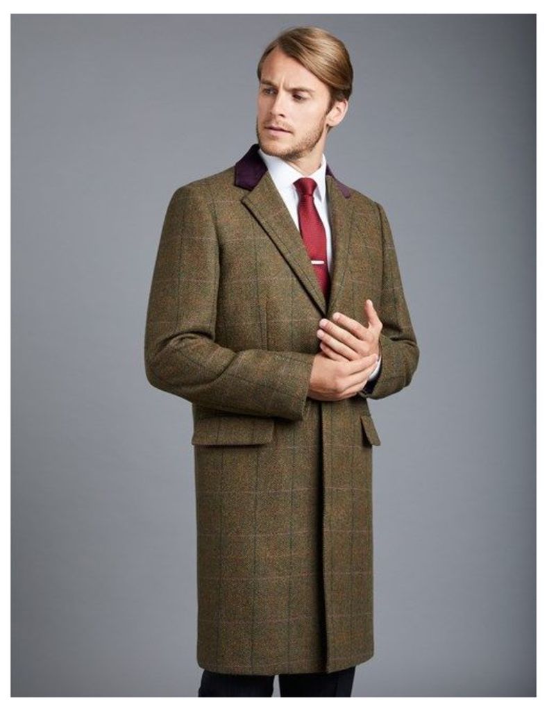 Men's Tweed Khaki Herringbone Covert Coat - 100% Wool