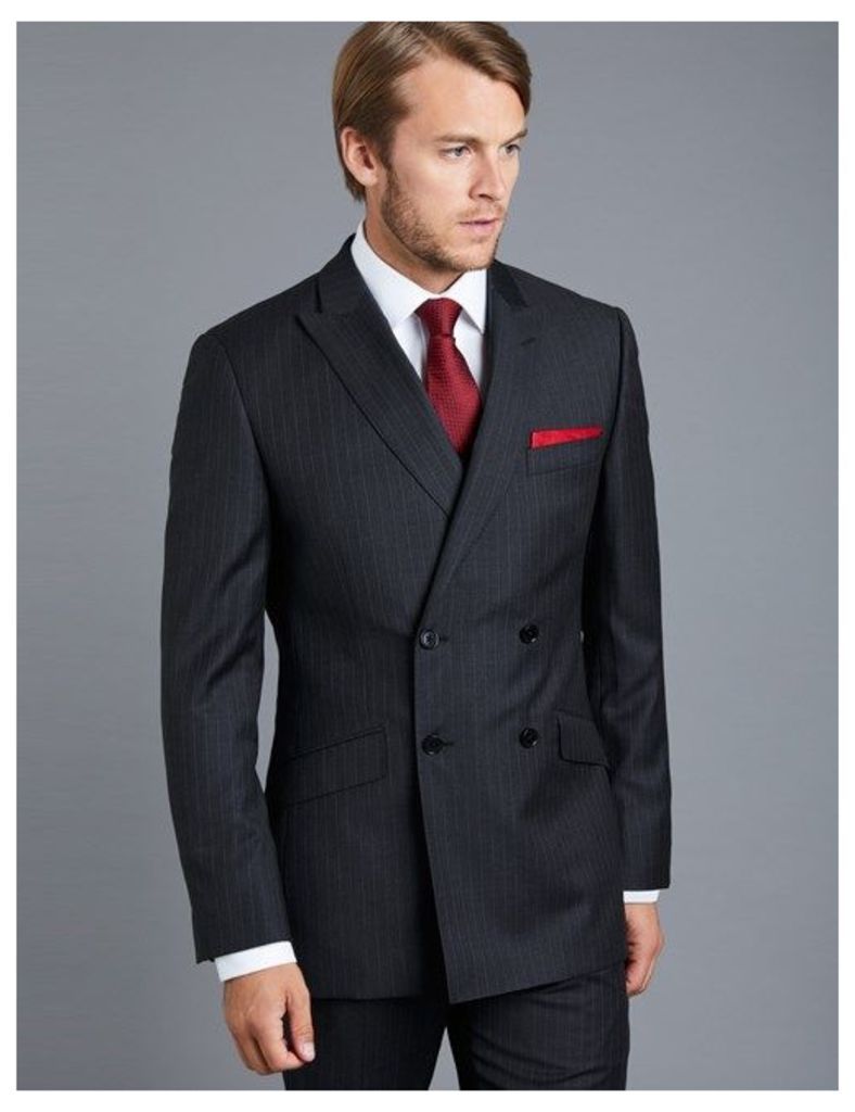 Men's Charcoal Grey Pinstripe Slim Fit Suit - Double Breasted - Super 120s Wool