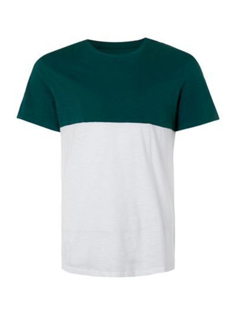 Mens White and Green Slub Panelled T-Shirt, Green