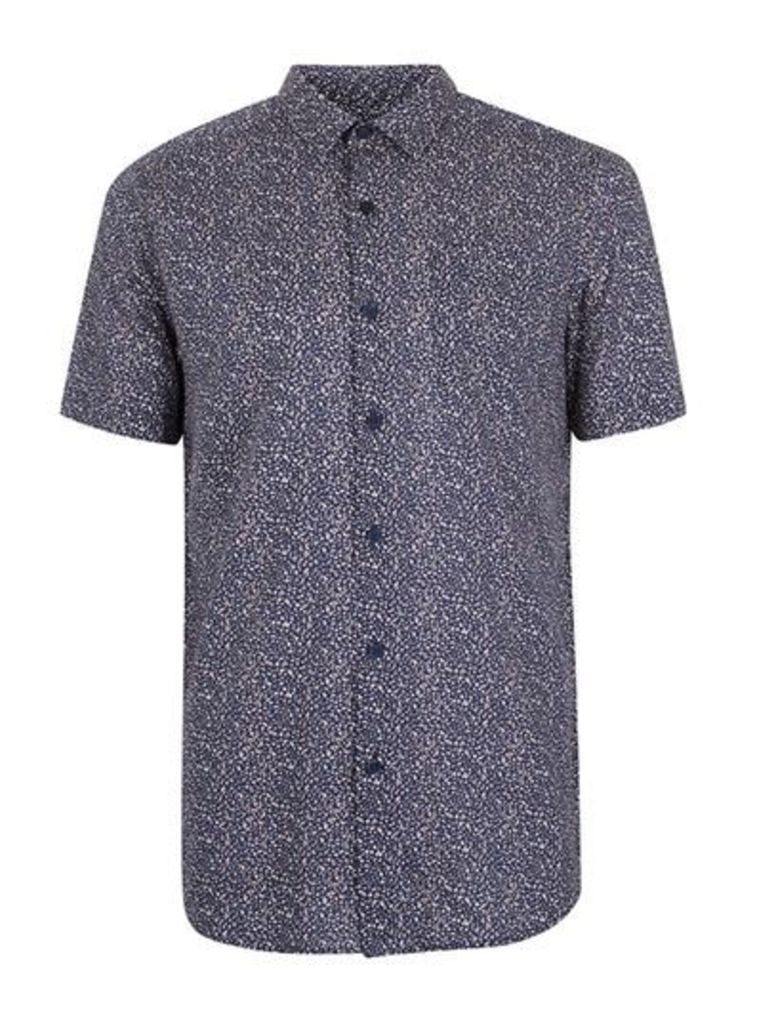 Mens Navy and Off White Speckled Short Sleeve Casual Shirt, Navy