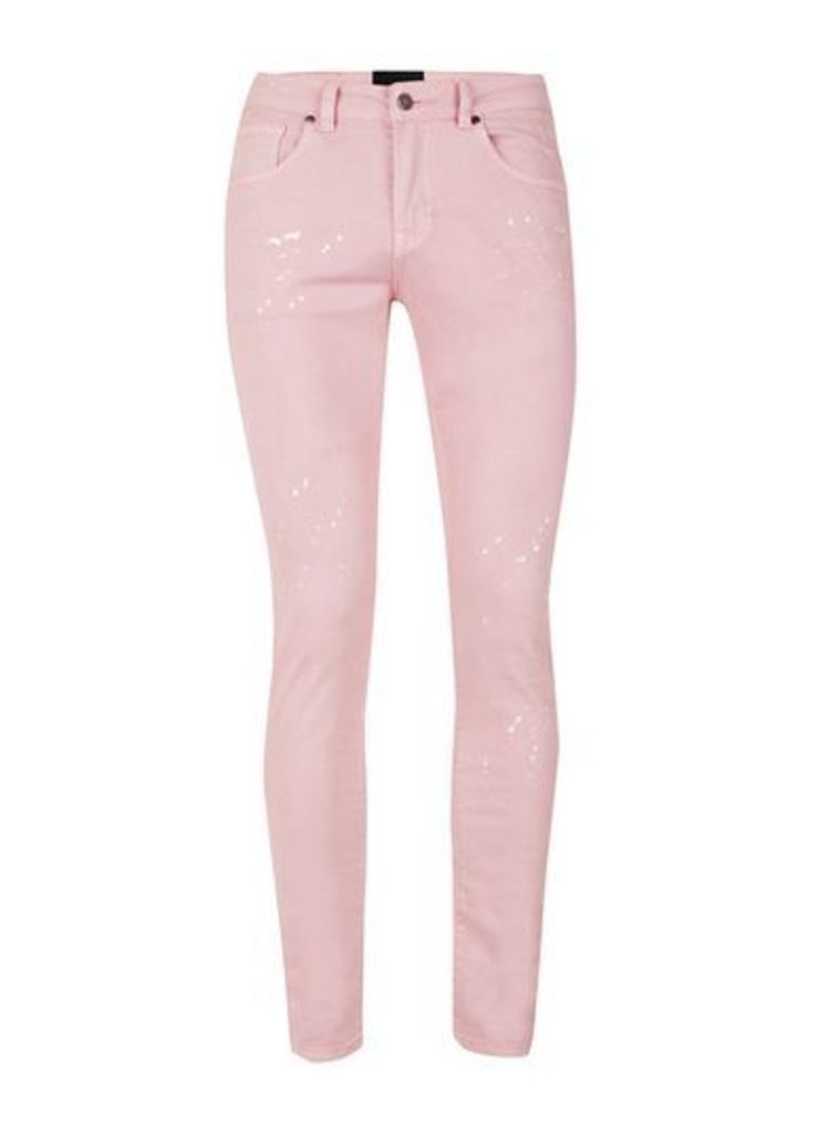 Mens HERO'S HEROINE Light Pink Paint Splat Super Skinny Jeans*, Pink