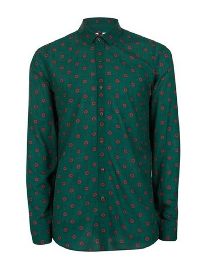 Mens Forest Green And Red Geometric Print Casual Shirt, Green