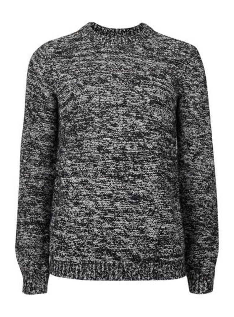 Mens Black and White Fuzzy Texture Slim Fit Jumper, Black