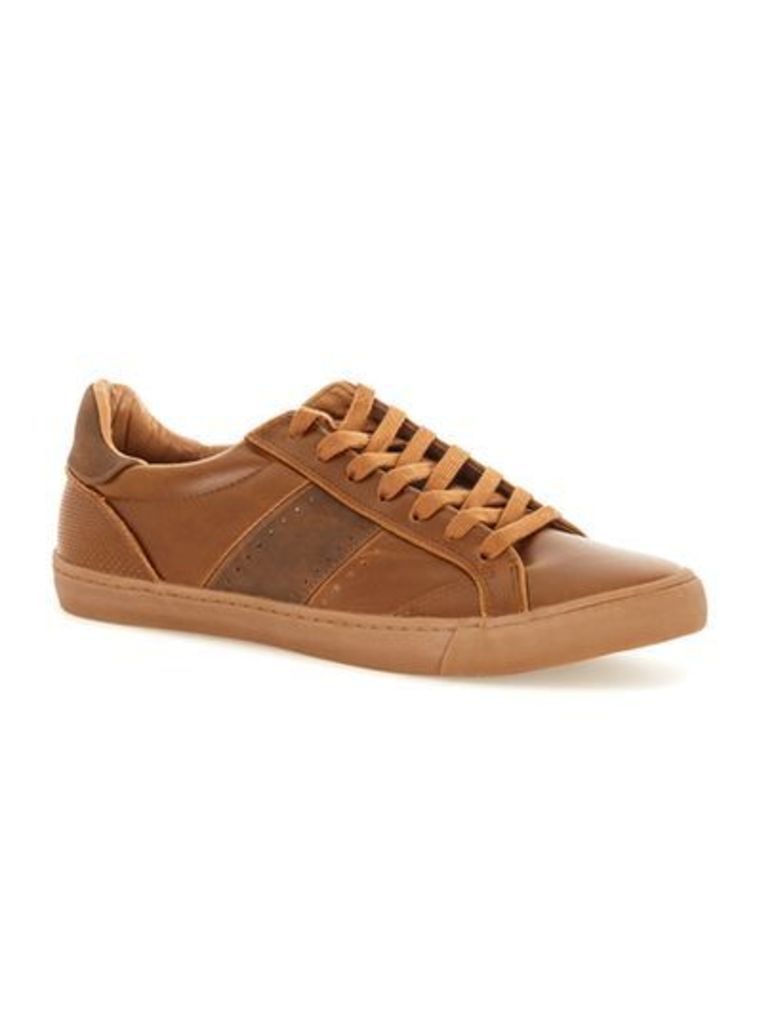 Mens Brown Tan Faux Leather Trainers, Brown