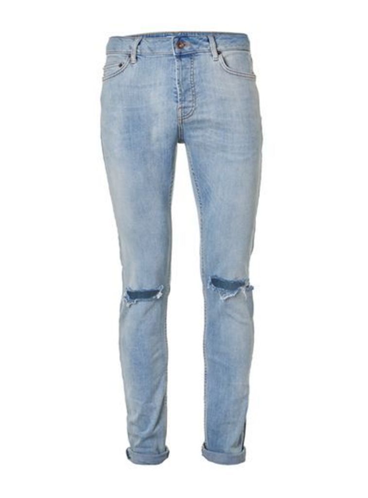 Mens Light Wash Blue Ripped Stretch Skinny Jeans, Blue