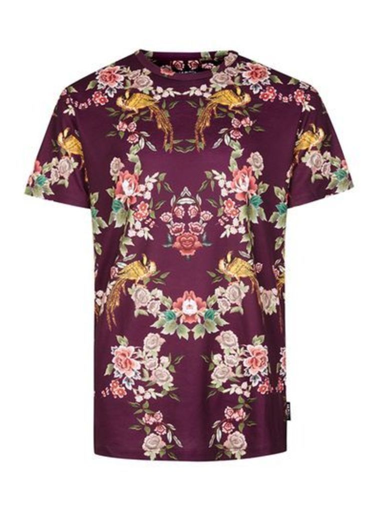 Mens Multi JADED Burgundy Floral Bird Print T-Shirt*, Multi