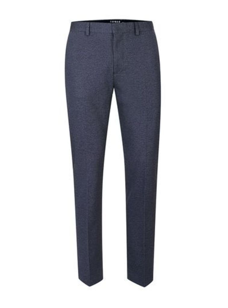 Mens Blue Navy Cropped Skinny Smart Trousers, Blue