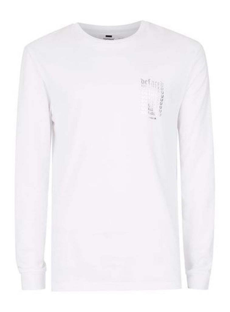 Mens White Foil Print Long Sleeve T-Shirt, White