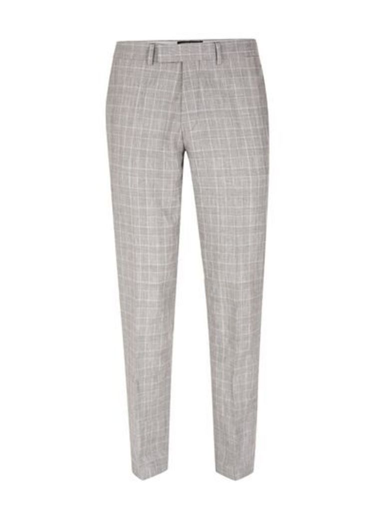 Mens Grey Check Skinny Fit Suit Trousers, Grey