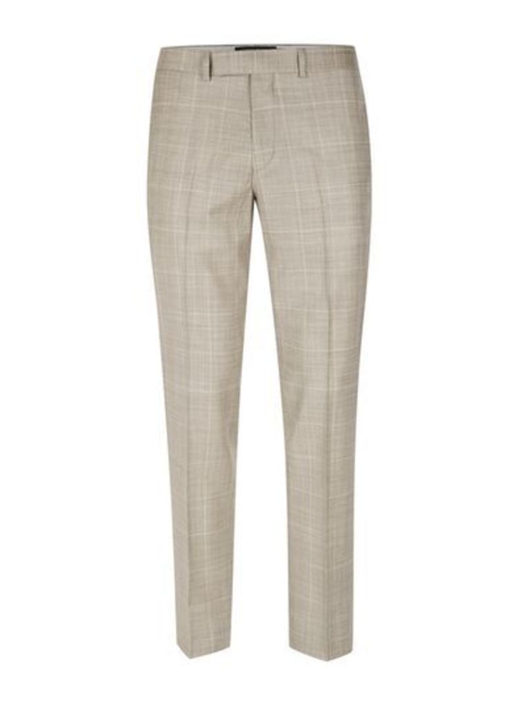 Mens Brown Stone Window Check Skinny Fit Suit Trousers, Brown