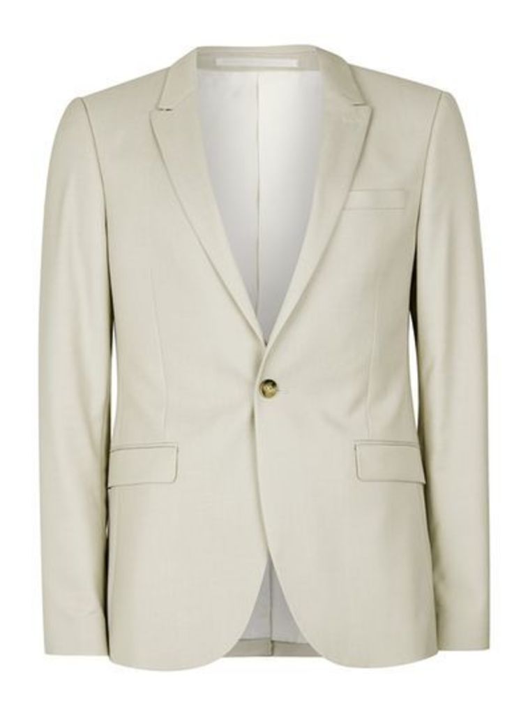 Mens Brown Stone Textured Ultra Skinny Fit Suit Jacket, Brown