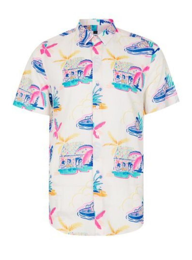 Mens White Abstract Palms Print Short Sleeve Casual Shirt, WHITE