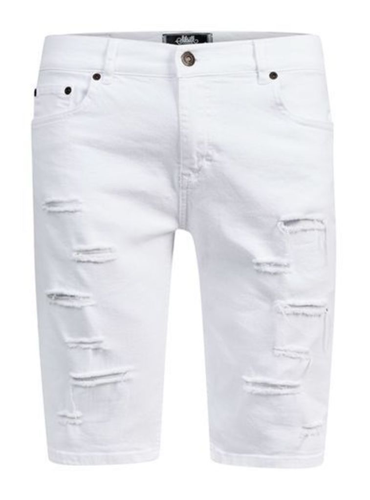 Mens SIKSILK White Distressed Denim Shorts*, White