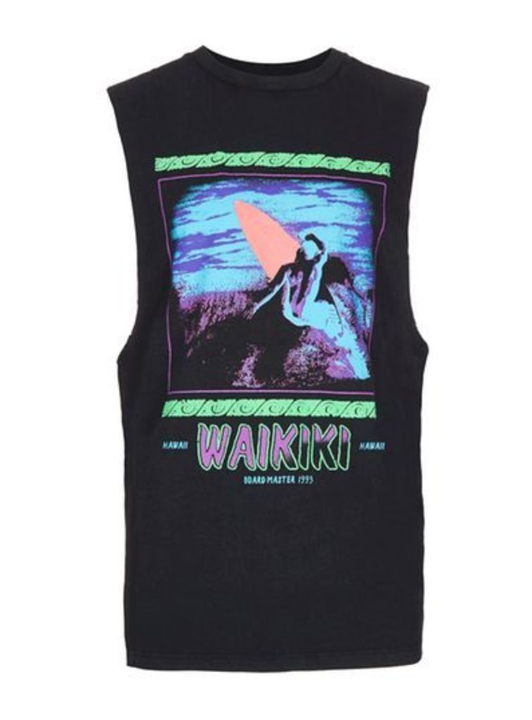 Mens Washed Black Waikiki Print Oversized Tank Vest, Black