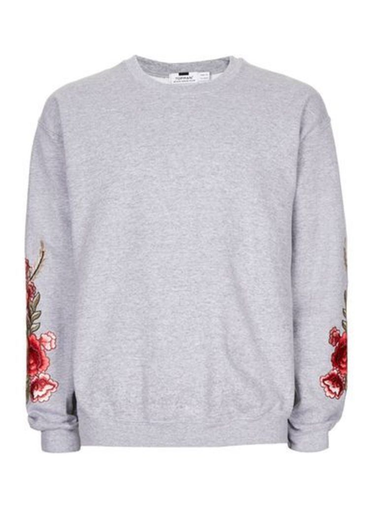 Mens Grey Rose Embroidered Sweatshirt, Grey