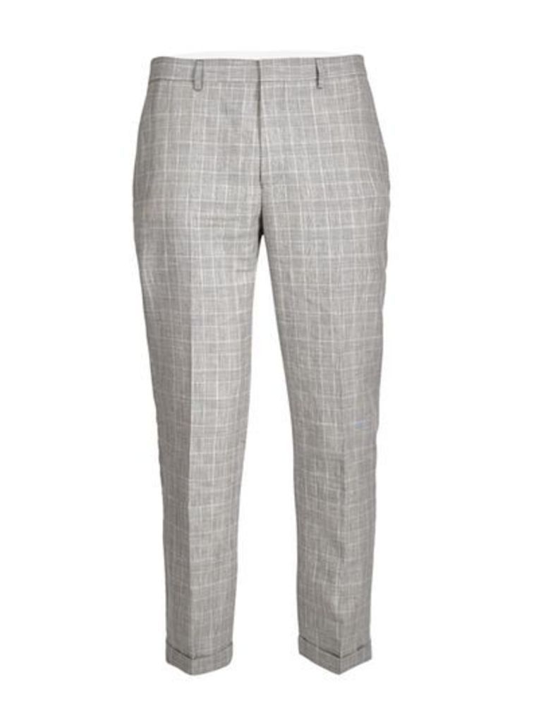 Mens Grey Check Linen Blend Skinny Fit Suit Trousers, Grey