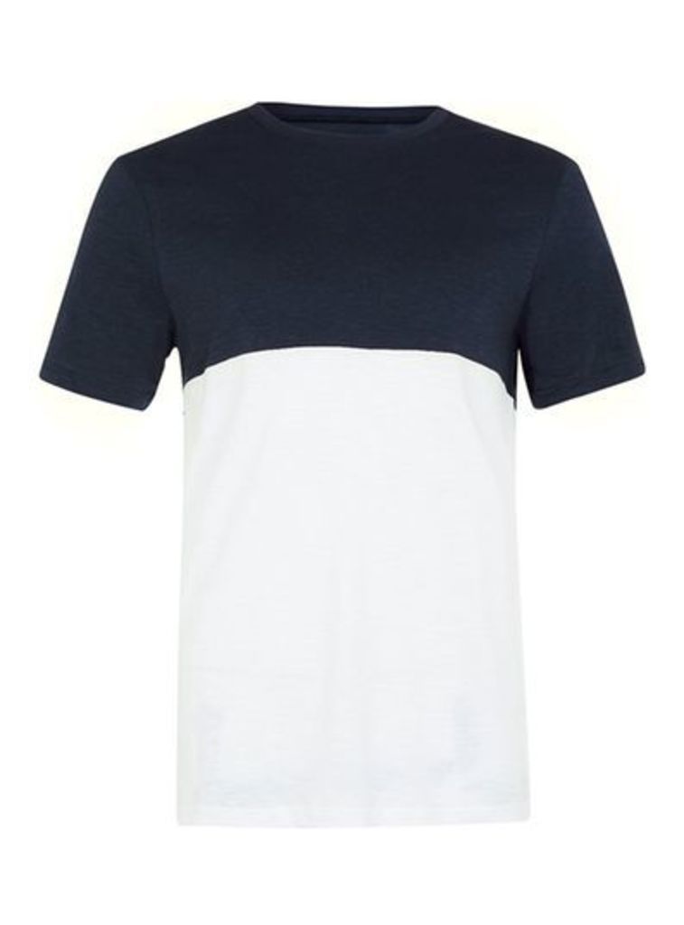 Mens Navy and White Slim Fit Panelled T-Shirt, White