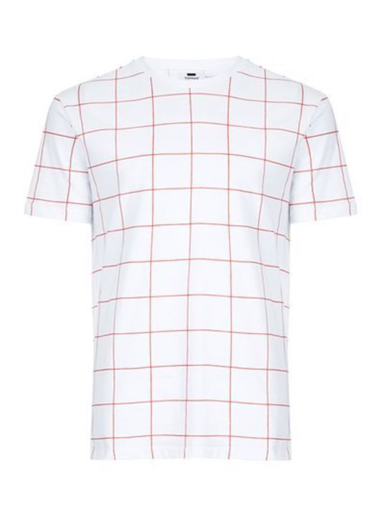 Mens White And Red Grid Check T-Shirt, White