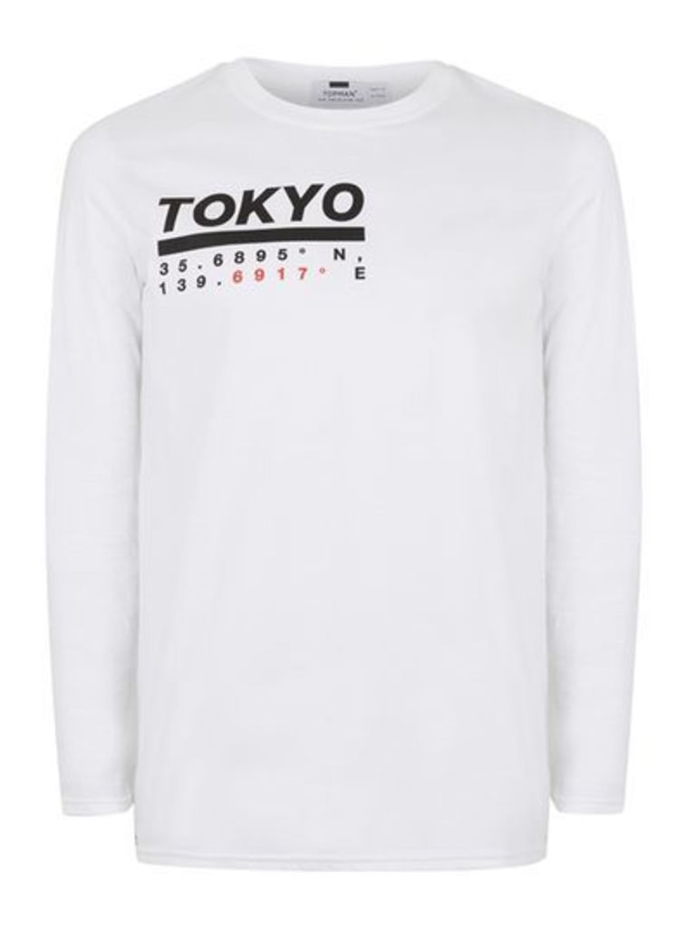 Mens White Tokyo Print Long Sleeve T-Shirt, White