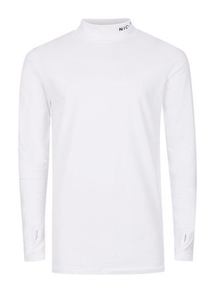 Mens NICCE White Roll Neck Long Sleeve T-Shirt, White