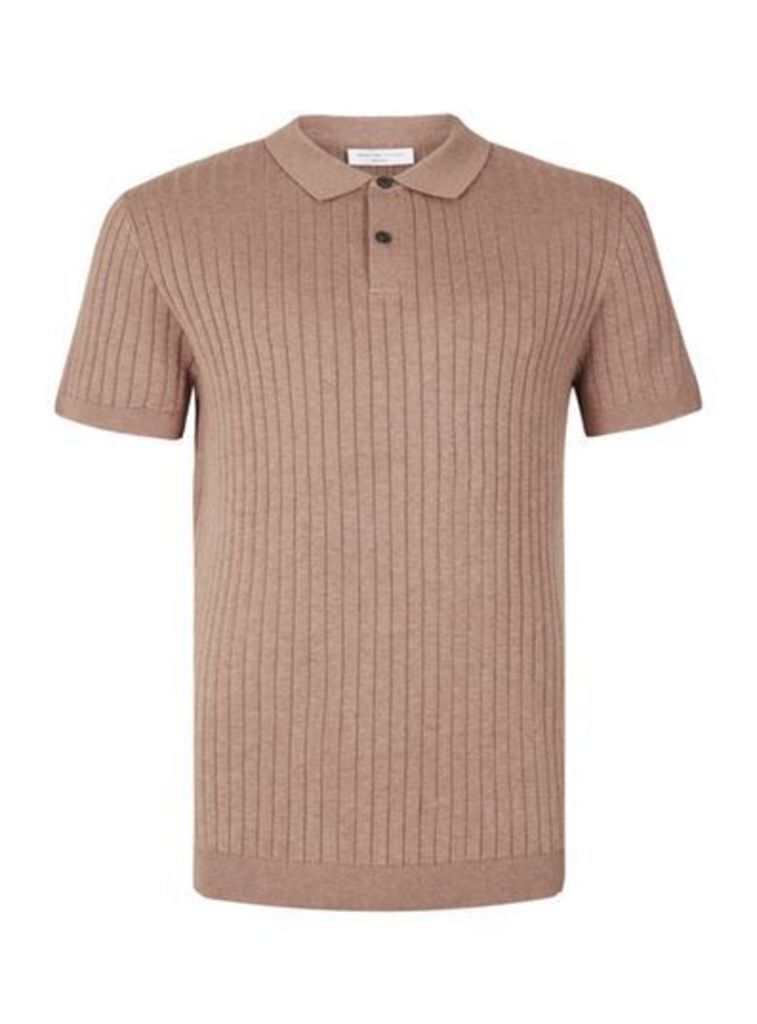 Mens SELECTED HOMME Pink Ribbed Knitted Polo Shirt, Pink