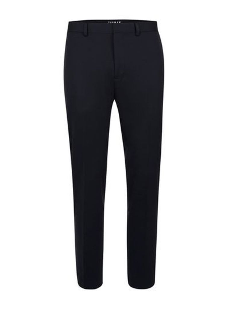 Mens Blue Navy Cropped Relaxed Fit Suit Trousers, Blue