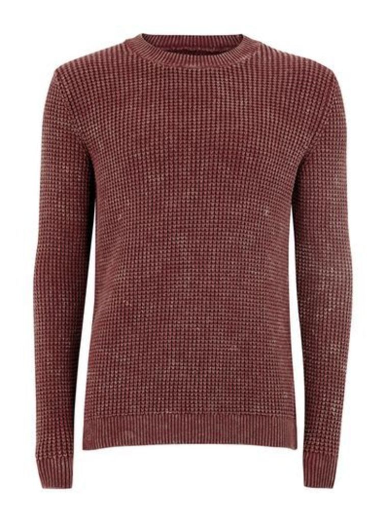 Mens Red Burgundy And Mustard Acid Wash Waffle Jumper, Red