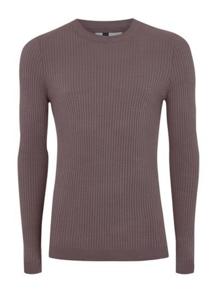Mens Washed Purple Muscle Fit Ribbed Jumper, Purple