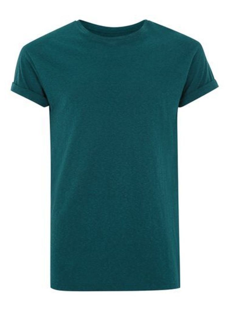 Mens Green Teal Linen Muscle Fit T-Shirt, Green