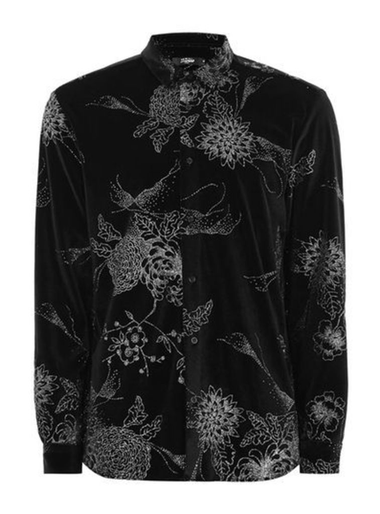 Mens JADED'S Black Velvet Floral Print Long Sleeve Shirt*, Black