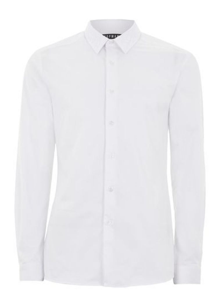 Mens White Lace Collar Long Sleeve Shirt, White