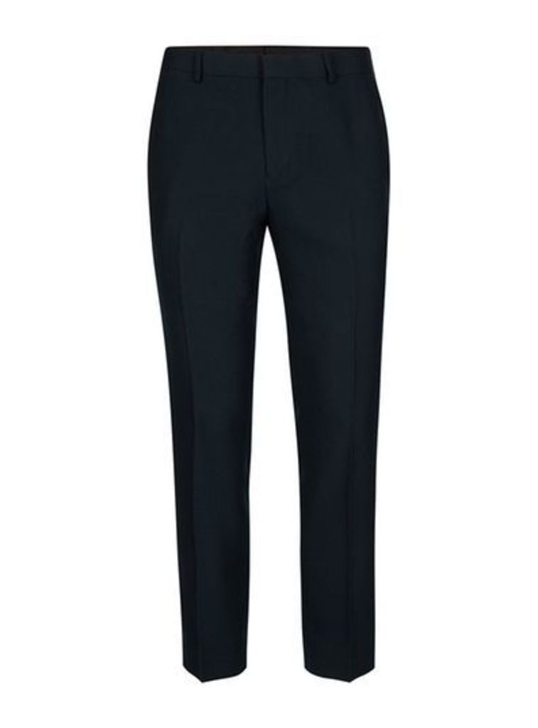 Mens Blue Navy Crepe Textured Skinny Fit Cropped Suit Trousers, Blue