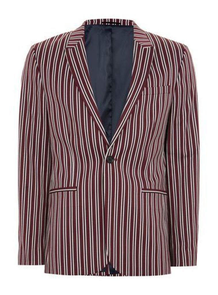 Mens Red Burgundy And White Stripe Skinny Suit Jacket, Red