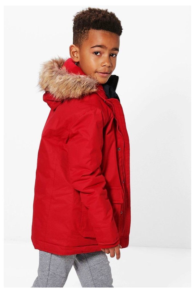 Faux Fur Hooded Double Padded Coat - red