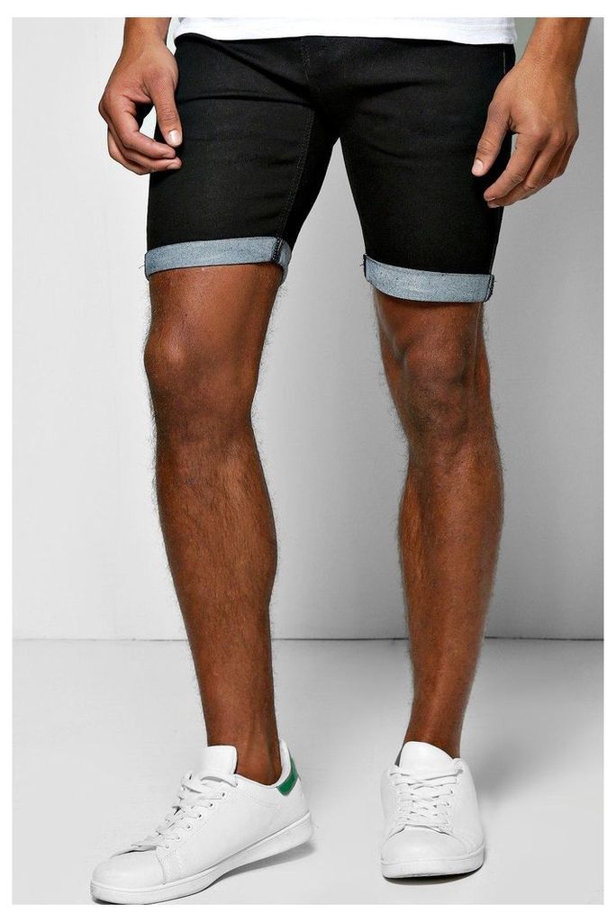 Fit Denim Shorts With Turn Up - black