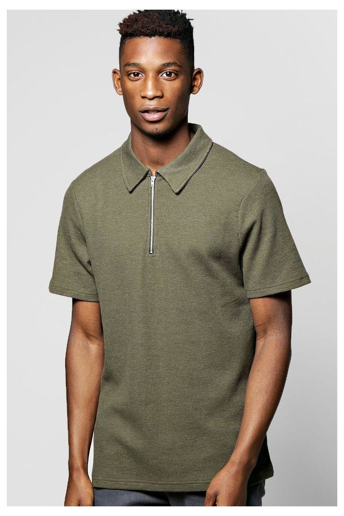 Waffle Polo With Zip Placket - olive