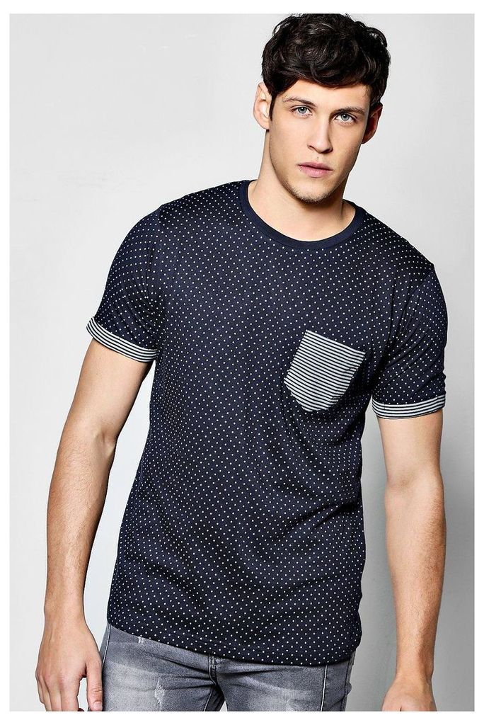 Print T Shirt With Stripe Turn Ups - navy