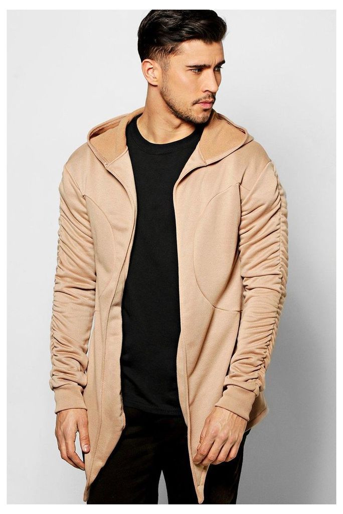 Hoodie With Ruched Sleeves - taupe