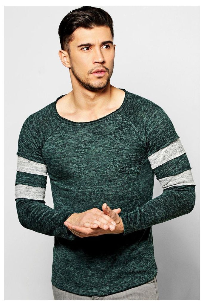 Knit Jumper with Contrast Striped Sleeves - teal