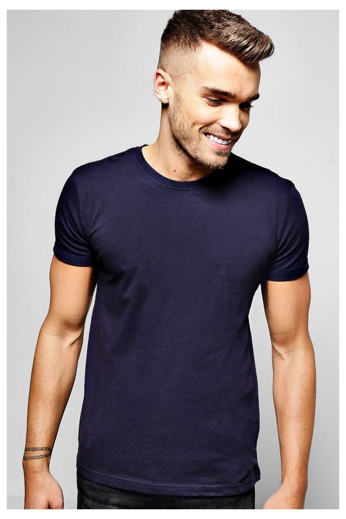 Neck T-Shirt with Rolled Sleeves - navy