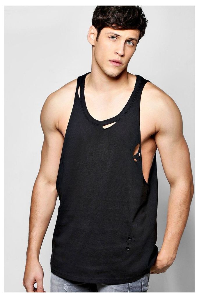 Drop Sleeve Vest With Rips - black